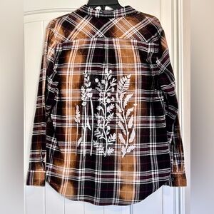 Upcycled Black and White Plaid Flannel Shirt with Hand Painted Flower Design